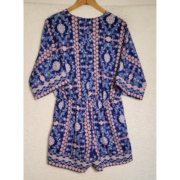 Japna Floral Shorts Romper Medium Pockets Short Sleeve Lined VNeck 0760 - Picture 2 of 5